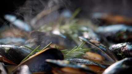 Close-up of a pile of mussels. the mussels are dark blue in color and have a glossy texture. they are arranged in a scattered manner, with some overlapping each other.
