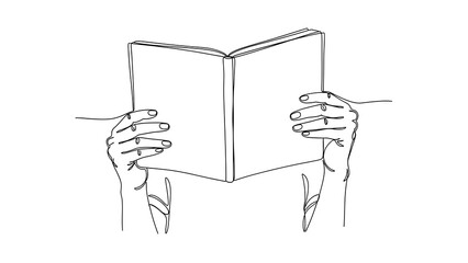 One line art minimalist line art drawing of two hands holding an open book with blank pages, isolated on white background