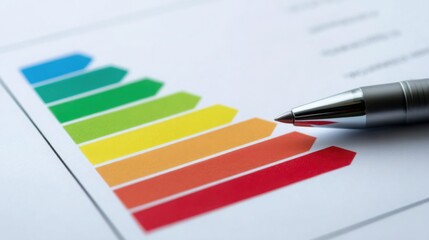 A pen resting on a paper document featuring a chart representing an energy audit summary report and inspection findings