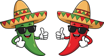 Cute chili pepper cartoon characters wearing sombrero hat and sunglasses giving thumbs up, Mexican food mascot, cad drawing flat vector illustration