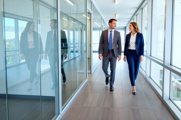 Caucasian young adult man and Caucasian young adult woman walking side by side in modern office hallway, both dressed in business attire, engaging in professional conversation