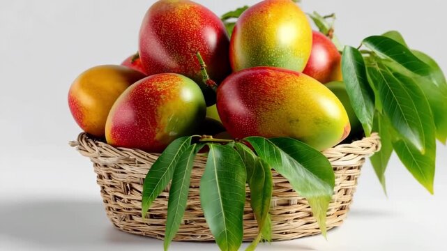 Ripe tropical mango fruits with green leaves filling a woven basket on white