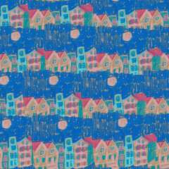Naklejka premium Seamless Christmas pattern in pastel colors, drawn with wax crayons. A cozy winter landscape, polar night, fairytale, and city print, all created with oil pastels.