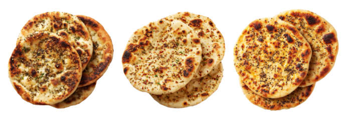 Manakish flatbreads bread slices topped with za'atar, cheese and sesame seeds, isolated on white transparent background