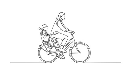 Fototapeta premium One line art continuous line drawing illustration of a mother riding a bicycle with a child secured in a rearmounted seat, isolated on white background