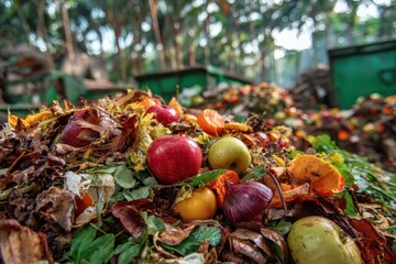 Heap of organic waste at compost recycling station filled with fruits, vegetables, and leaves during daylight hours, showcasing the process of organic recycling