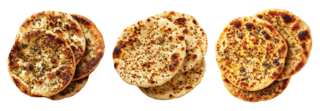 Manakish flatbreads bread slices topped with za'atar, cheese and sesame seeds, isolated on white transparent background - Powered by Adobe