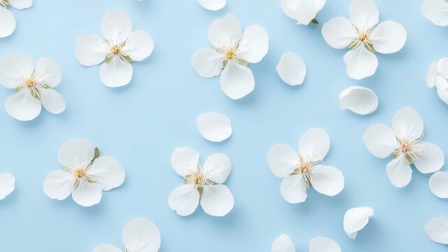 Delicate white spring cherry blossoms and petals creating a beautiful floral pattern