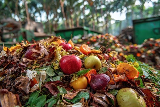 Heap of organic waste at compost recycling station filled with fruits, vegetables, and leaves during daylight hours, showcasing the process of organic recycling - Powered by Adobe