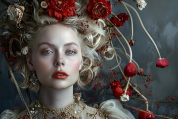 Naklejka premium Fashion portrait of a blonde model posing with red flowers and gold dress