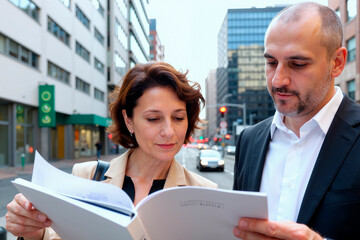 Caucasian middle aged woman and Caucasian middle aged man standing outdoors reviewing documents together on city street, both focused on paperwork, business district background