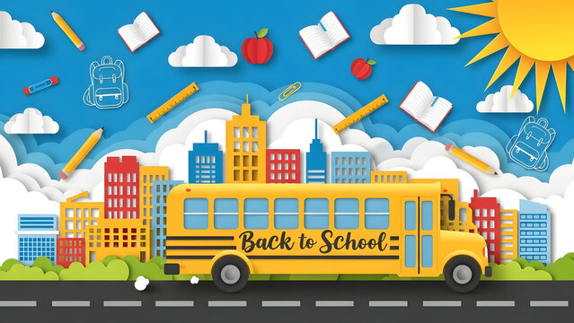 Bright yellow school bus drives through a colorful city skyline with school supplies and sun - Powered by Adobe
