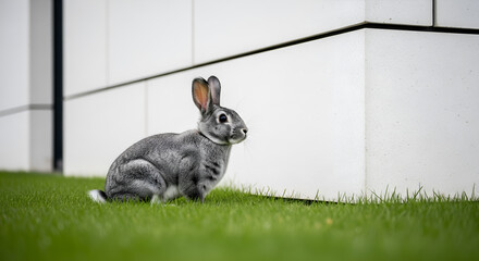 Gray Rabbit on Green Grass in Urban Environment