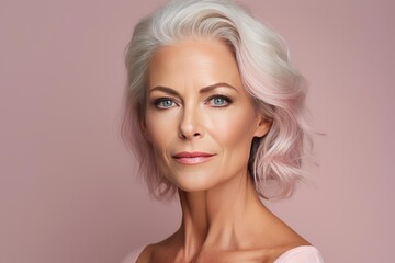 Studio portrait of a beautiful mature woman with stylish pink hair posing on a pink background