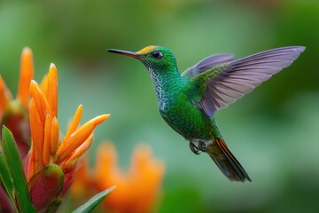Fototapeta premium Greencrowned Brilliant hummingbird hovering near vibrant orange flowers in a lush tropical setting during daylight hours