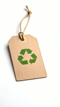 Close-up of a brown paper tag with a green recycling symbol hanging from a natural rope on a white surface.