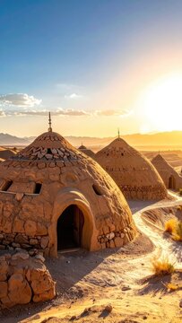 Traditional earthen dwellings bask in the warm glow of a desert sunset.
