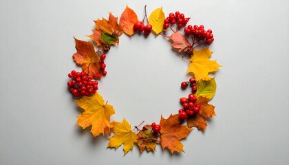 Autumn Wreath of Colorful Leaves and Berries on White Background.