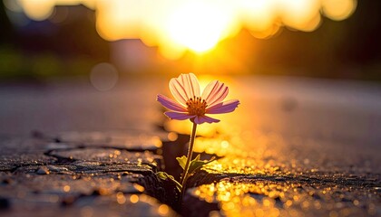 A single flower blooming through a crack in pavement during a brilliant golden sunset.
