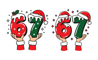 Festive Hands Holding Christmas Numbers 67 with Santa Hats and Snow Vector