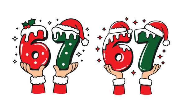Festive Hands Holding Christmas Numbers 67 with Santa Hats and Snow Vector