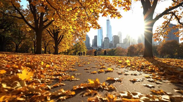 Vibrant autumn park pathway strewn with golden leaves under bright sunlight with city skyline background