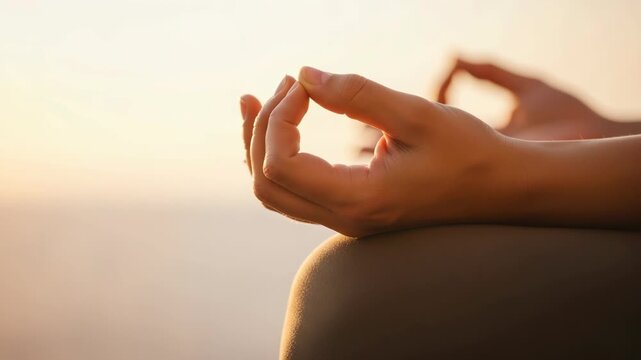 Close up of a persons hand performing a mudra gesture during meditation at sunset, 4k video