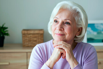 Portrait of senior Caucasian woman smiling gently while resting chin on hands, sitting indoors with thoughtful expression, short hair framing face, looking slightly away