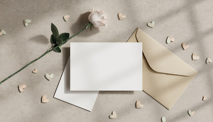 Romantic Blank Greeting Card Mockup with a Pink Rose, Envelope, and Heart Confetti