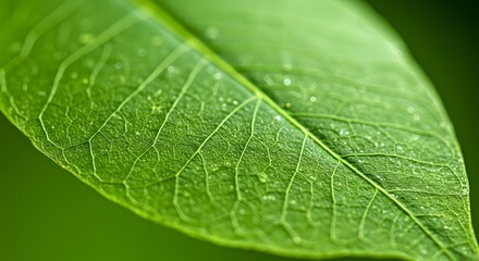 Lush Green Leaf Macro Showcasing Intricate Veins and Glistening Dewdrops