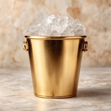 A luxurious golden ice bucket brimming with crushed ice and glistening water droplets, set against a textured beige background.