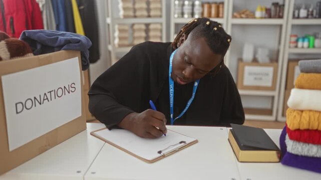Man volunteer signs clipboard with hand at donations box inside community building while sorting and folding clothing on a table; compassion community service.