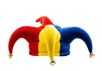 detailed photorealistic close-up of a luxurious velvet jester's hat (red, blue, yellow) with golden brass bells, centered on a transparent studio background, april fools' day concept