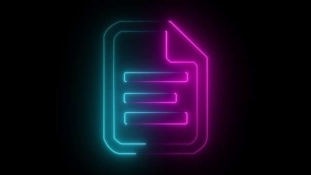 neon pink and blue color document file icon animation paper note test office form animated on black background