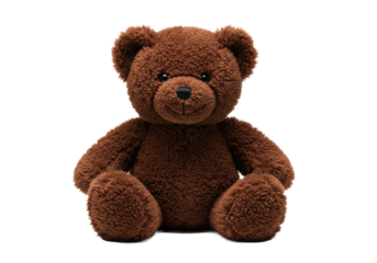 A deep chocolate brown vintage plush teddy bear with rich ruffled fur and button eyes, sitting upright against a transparent background with copy space. Concept of childhood comfort and nostalgia