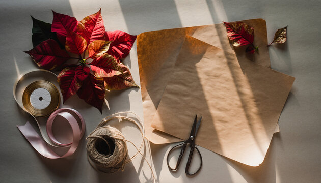 Cozy holiday crafting scene poinsettia, gift wrap paper, ribbons, and twine in warm light
