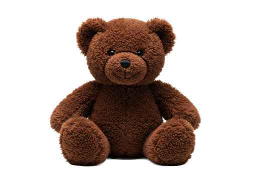 A deep chocolate brown vintage plush teddy bear with rich ruffled fur and button eyes, sitting upright against a transparent background with copy space. Concept of childhood comfort and nostalgia