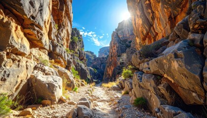 Bright sunlight illuminates a narrow, rocky canyon pathway under a clear blue sky.