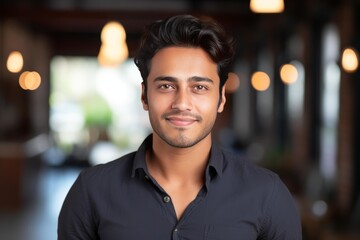 Fototapeta premium Portrait of a young indian businessman smiling confidently in a modern office environment