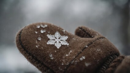 Close up of a snowflake resting on a brown wool mitten in winter.