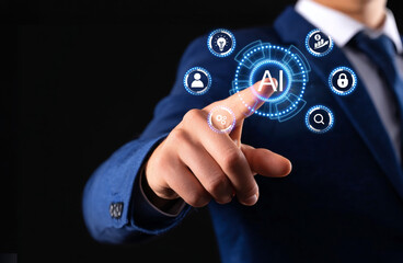 Businessman hand pointing at AI (Artificial Intelligence) on a futuristic digital interface with icons representing automation, data analysis, innovation, and network security.