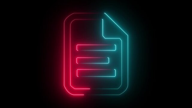 neon blue and red color document file icon animation paper note test office form animated on black background