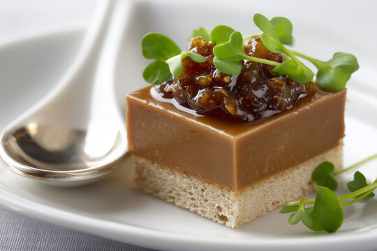 Elegant appetizer featuring rich pâté, savory fig jam, and fresh microgreens on crusty bread, perfect for stylish cocktail parties and upscale events
