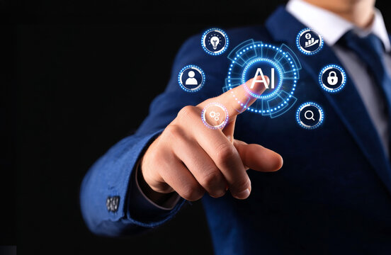 Businessman hand pointing at AI (Artificial Intelligence) on a futuristic digital interface with icons representing automation, data analysis, innovation, and network security.