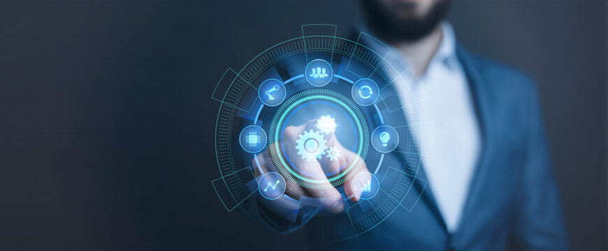 Businessman hand pointing at AI (Artificial Intelligence) on a futuristic digital interface with icons representing automation, data analysis, innovation, and network security.