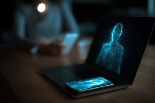 Exploring the future of data protection with a hologram of a woman displayed on a laptop and smartphone during a focused technology session at a dimly lit workspace