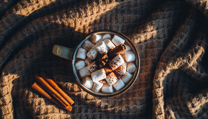 Hot Chocolate with Marshmallows and Cinnamon Sticks on a Cozy Blanket Backdrop