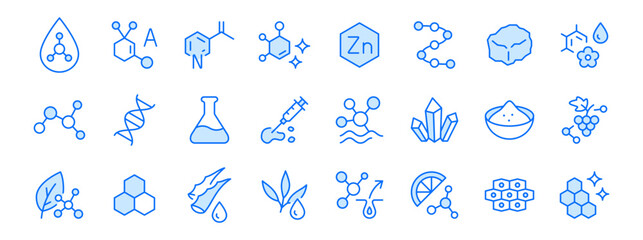 Fototapeta premium Skincare ingredient line icon set. Molecule, vitamin, serum, collagen, crystal minimal vector illustrations. Simple outline signs for cosmetic and dermatology. Blue color. Editable Stroke