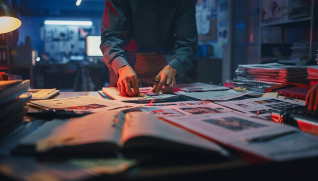 Focused investigator sifts through case files and clues in a secret, shadowy headquarters