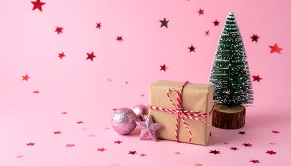 Festive Christmas Gift with Tree and Star Confetti.